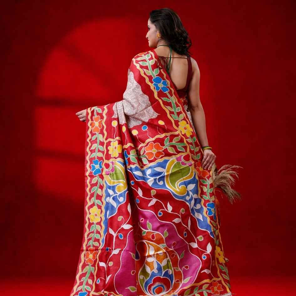 Floral design off-white background Kantha Embroidered Pure Silk