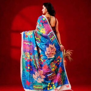 Floral design ocean blue background Kantha Embroidered Pure Silk