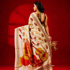 Unique Guiter design off-white background Kantha Embroidered Pure Silk