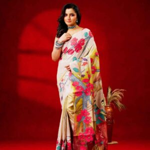 Unique Floral design off-white background Kantha Embroidered Pure Silk