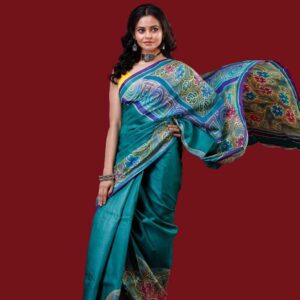 Floral design ocean blue background Kantha Embroidered Pure Silk
